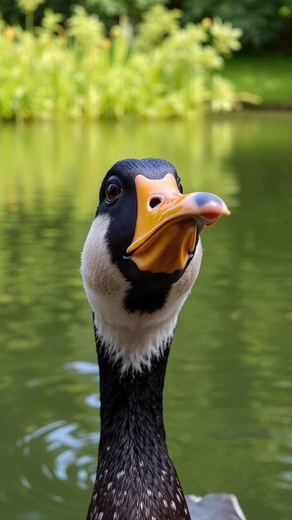 A duck quacking by a pond surrounded by greenery.